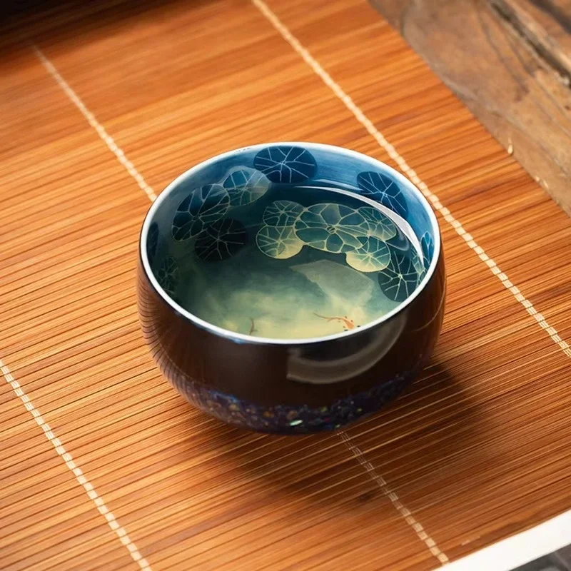 Handmade single cup lacquer, blue and white maple leaf design high-end personalized teacup