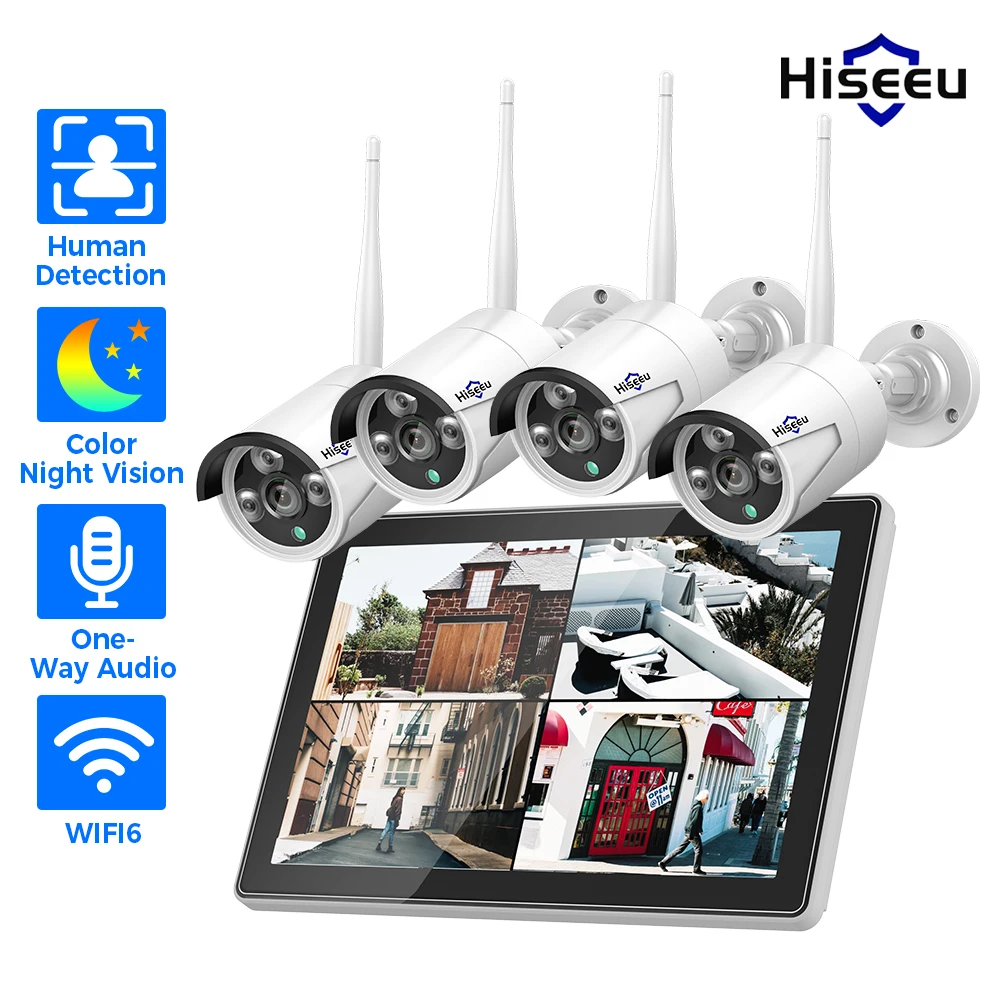 

Hiseeu 3/5MP Wireless Security Camera Kit Waterproof IP Camera Surveillance CCTV System Set with 10.1" Monitor 10CH Wireless Set