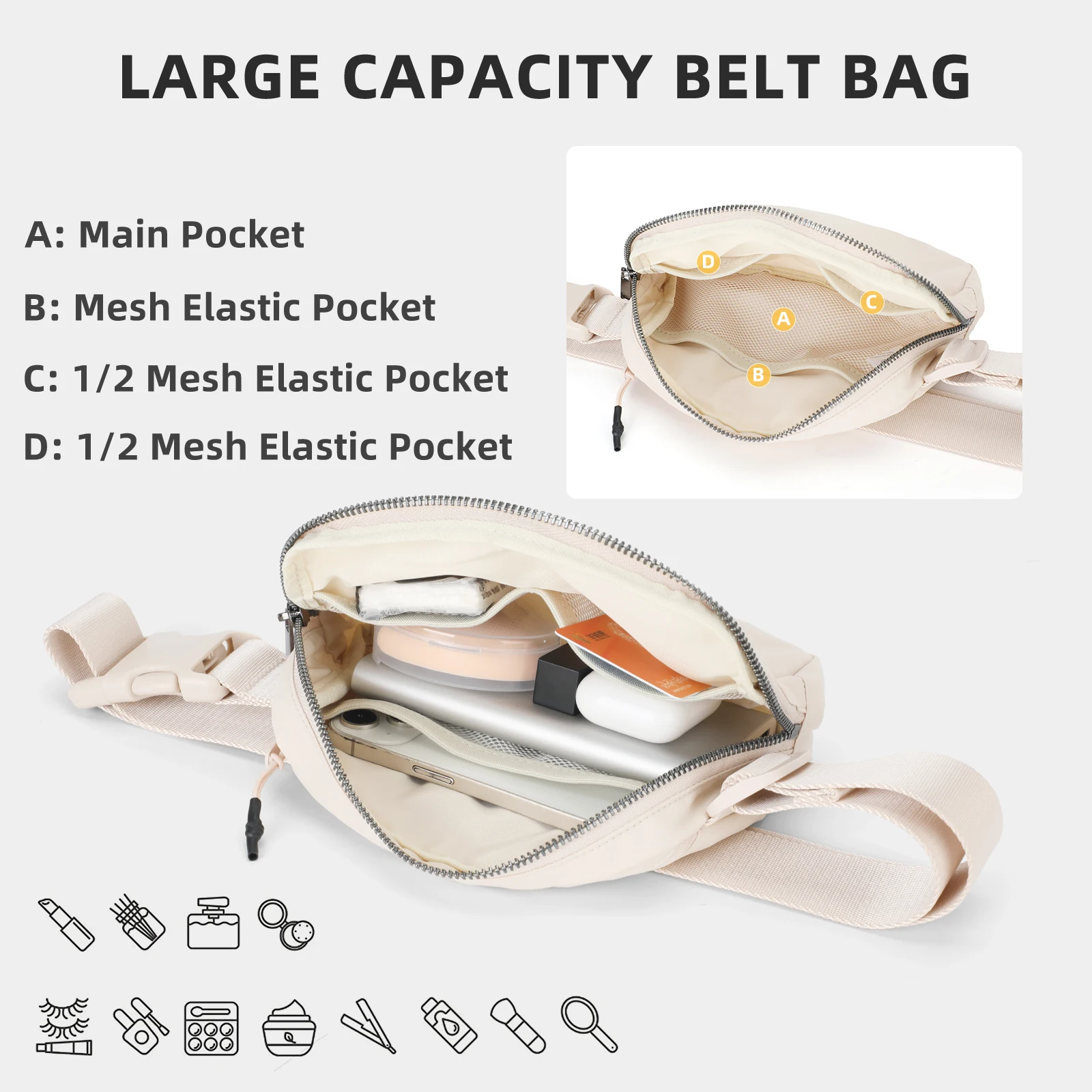 Mini waist bag for both men and women, adjustable waist bag, leisure sports chest bag, outdoor cycling bag, change wallet, white