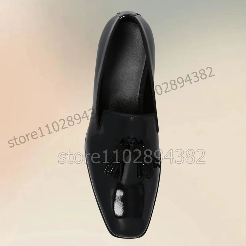 Rhinestone Tassels Decor Black Patent Leather Loafers Fashion Slip On Men Shoes Luxurious Handmade Party Wedding Men Dress Shoes