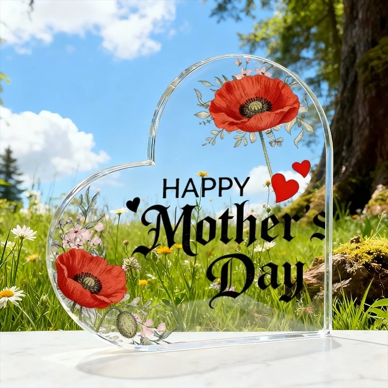 Red Poppy & Sweet Hearts Heart‑Shaped Acrylic Keepsake, Mother's Day Home Decor