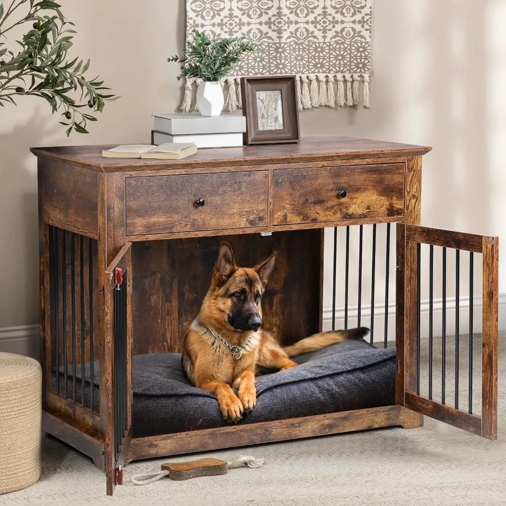 

44 Inch Large Dog Crate Furniture, Wooden Dog Kennel End Table with Storage Drawers, Decorative Pet Cage Dog House Indoor for D