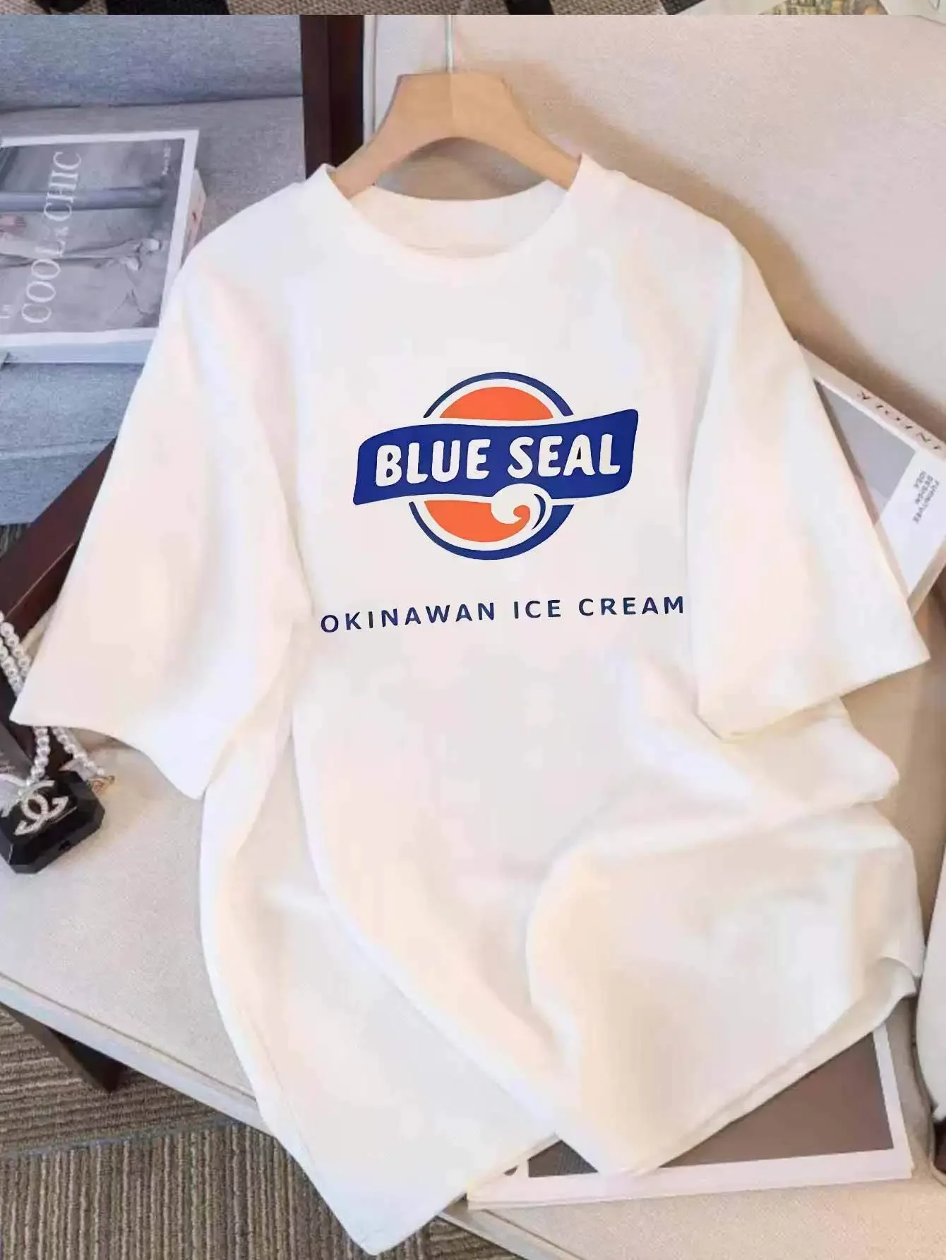 2025 mode été coton bleu sceau dessin animé impression femmes T-shirts col rond mignon Y2K styles surdimensionné décontracté haut ample