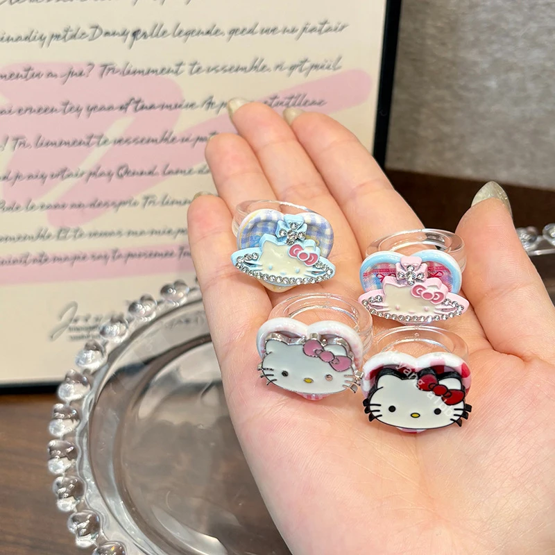 

New Fashion Sanrio Anime Heart Plaid Hello Kitty Ring Sweet Girl Heart Ring All-match Cool Sweet All-match Jewelry