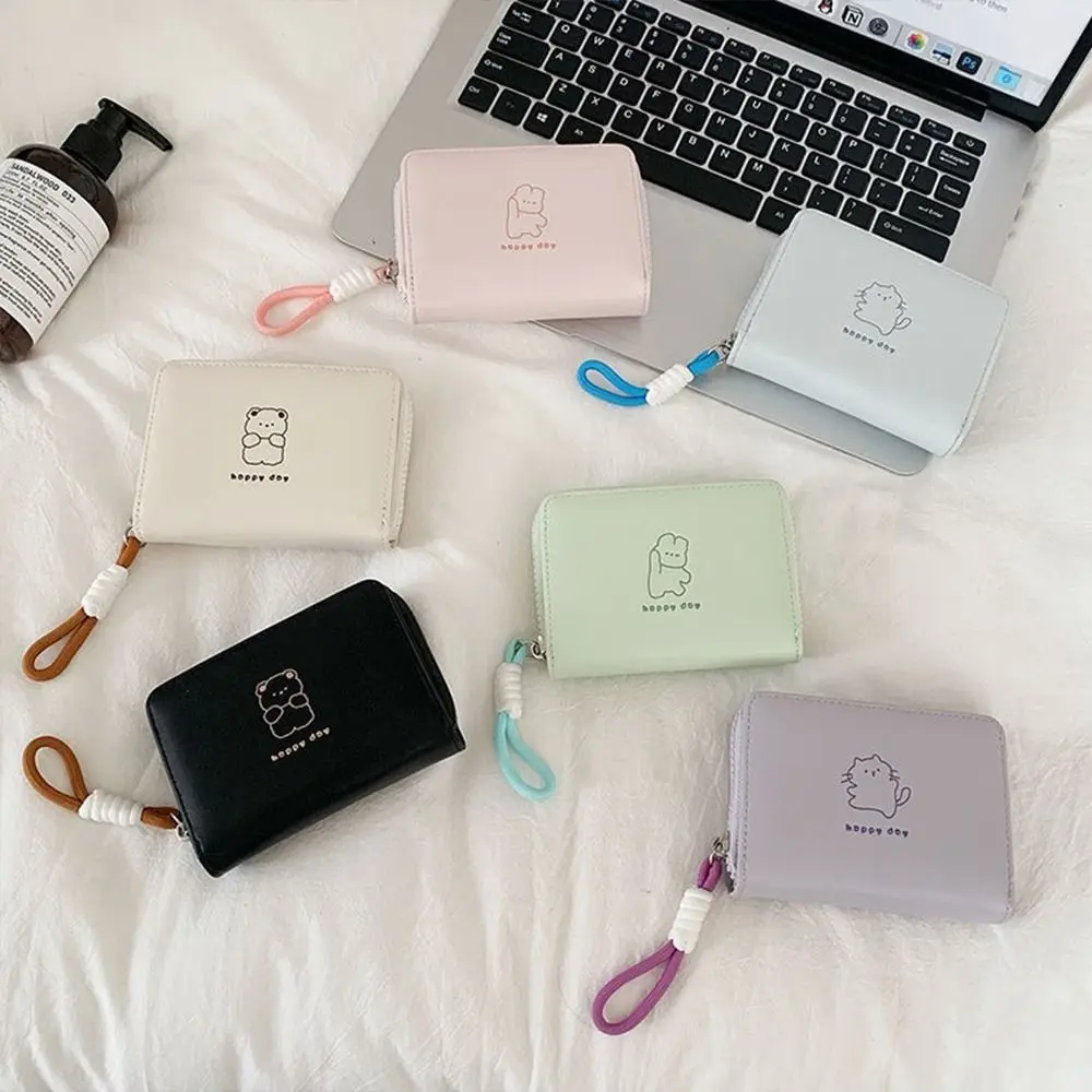 بسيطة Kawaii المرأة المحفظة الكرتون الدب الأرنب القط طالب أضعاف حامل بطاقة قصيرة بولي Leather الجلود محفظة نسائية للعملات المعدنية الهدايا