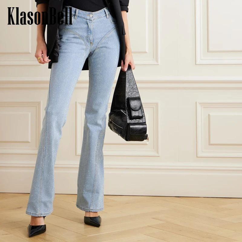 5.19 KlasonBell-Women\'s Mid Waist Flare Denim Trousers, Personality Fashion, Bling Crystal Diamonds, All-Match Slim Flare Jeans