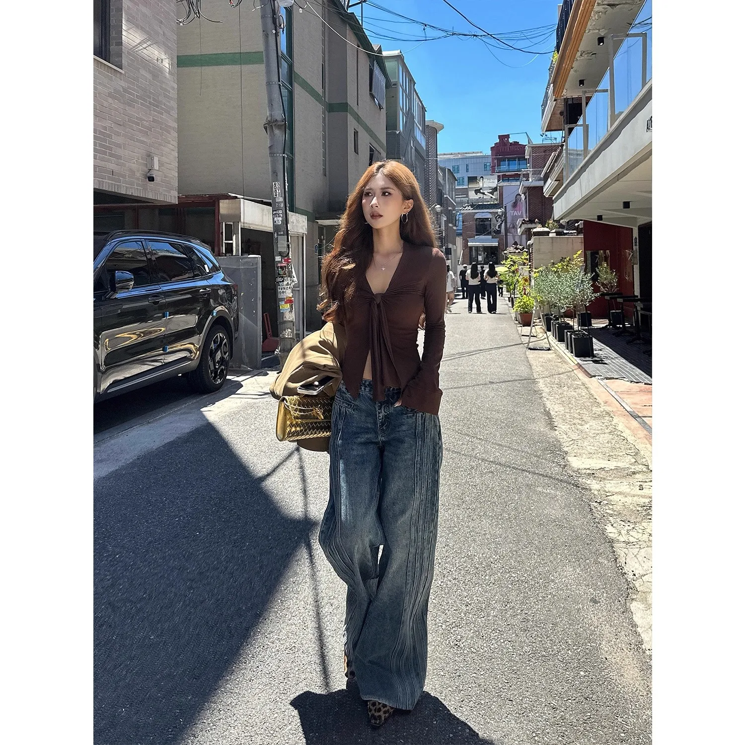 Vaqueros azules degradados para mujer Y2K Vintage pantalones vaqueros de talle alto ropa de calle recta pantalones vaqueros de pierna ancha grandes sueltos