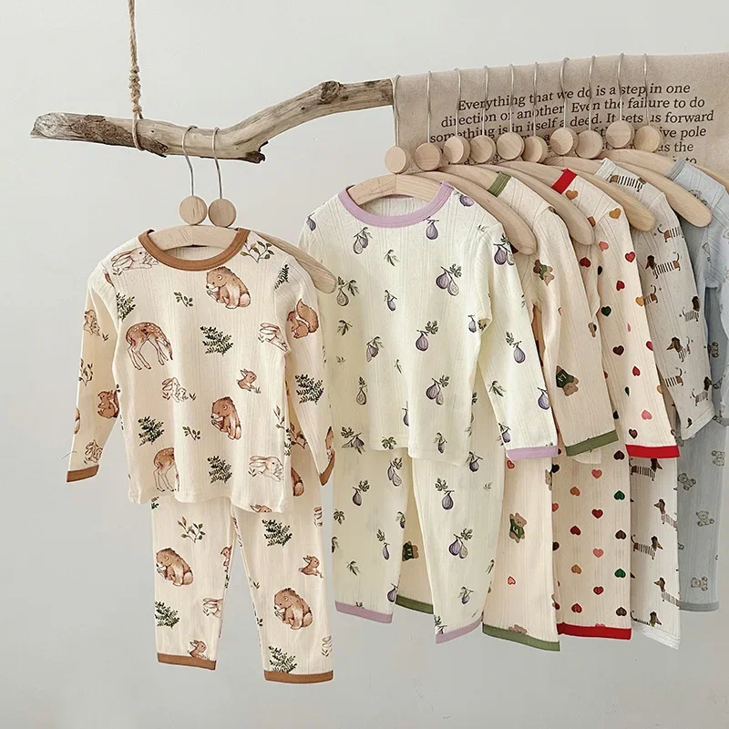 Children's Pajamas 2024 Autumn Boys and Girls Home Clothes 80-120cm Baby Pure Cotton Home Set