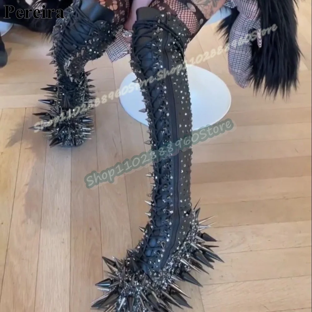 

Over The Knee Black Crystal Rivets Platform Boots Cross Tied Thick Heel Women Shoes Side Zipper Round Toe Stylish Party Boots