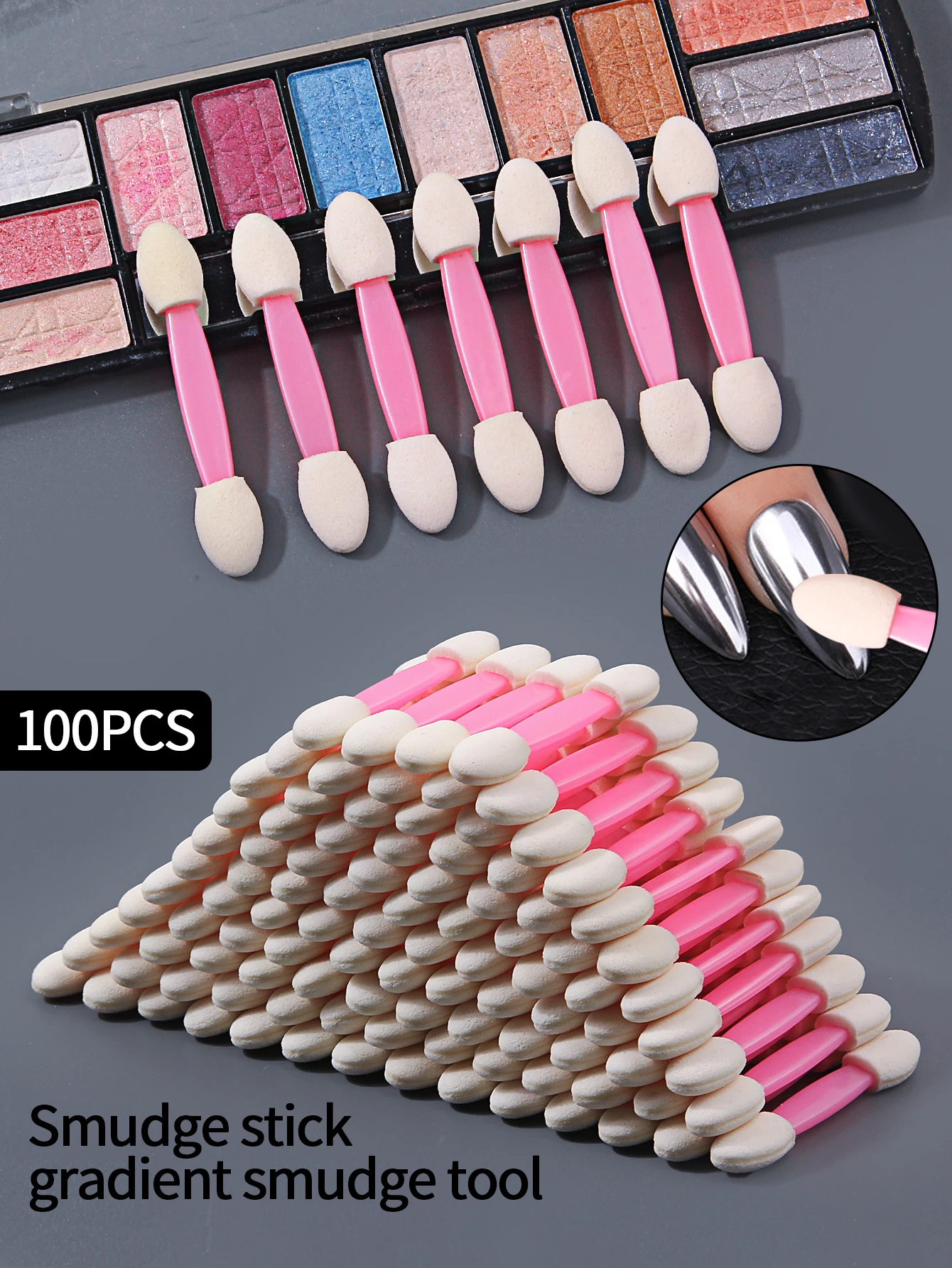 100Pcs PINK Double Ended Sponge Nail Powder Brush Eyeshadow Sponge Sticks Chrome Pigment Pen Applicator Portable Makeup Tools