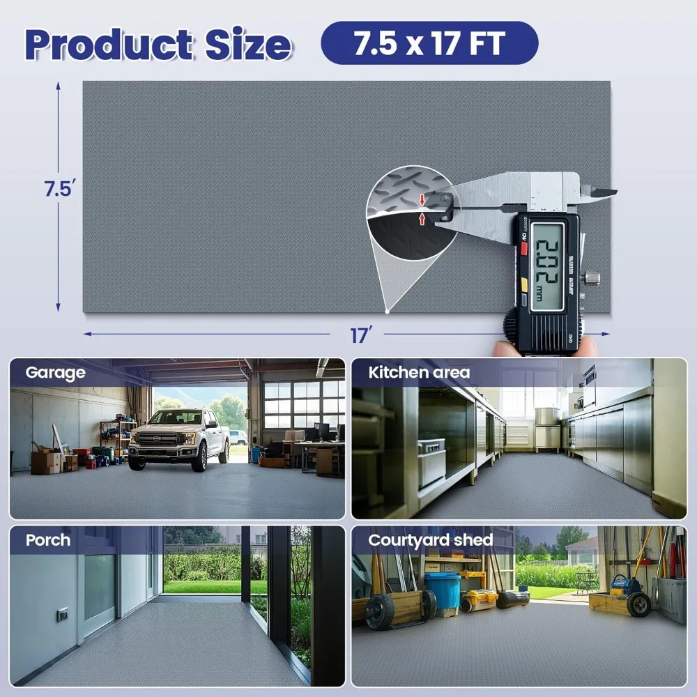 Heavy-Duty PVC Garage Floor Mats 7.5x17 FT Diamond Plate Anti-Slip Waterproof Flooring Roll for Underneath Vehicles and Equipmen