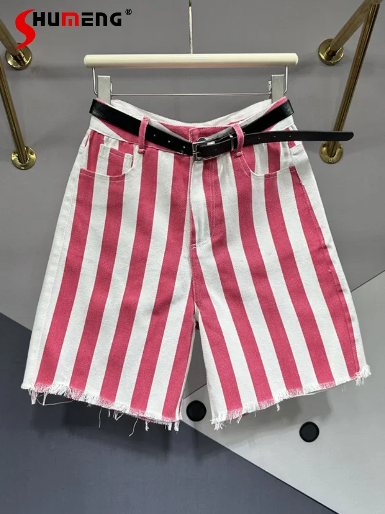 

2023 Summer Thin Pink and White Striped Denim Shorts Women's Fashion All-Match High Waist Slim and Straight Middle Pants