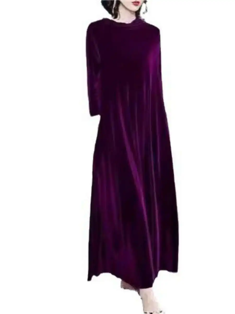 Ele Velvet Dr مع ياقة واقفة طويلة Sve متوسطة الطول لتخسيس البطن تغطي ربيع الخريف Faion Sweet Sle A-Lin...