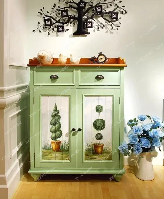 March Country Style Solid Wood Entryway Cabinet Pastoral American Mediterranean Hand-painted Shoe Cabinet Hallway Cabinet
