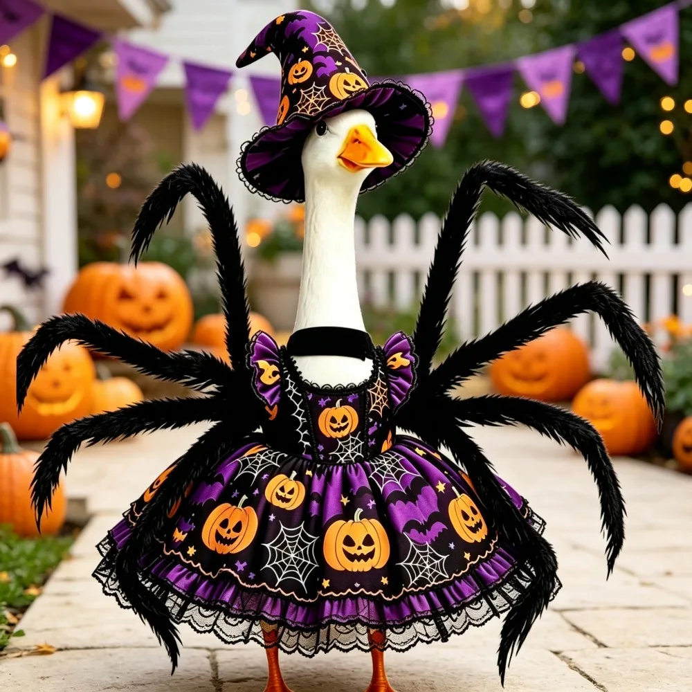 Halloween Spider Witch Porch Goose Costume Set Pumpkin Print Dress Wizard Hat Spider Tentacles Outfit, Goose Not Included