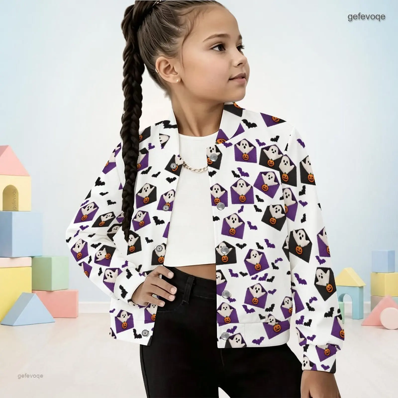 Autumn Graphic Print Girls Button Up Jacket Manin Collar Spooky Kids Clothing Halloween Party Wear