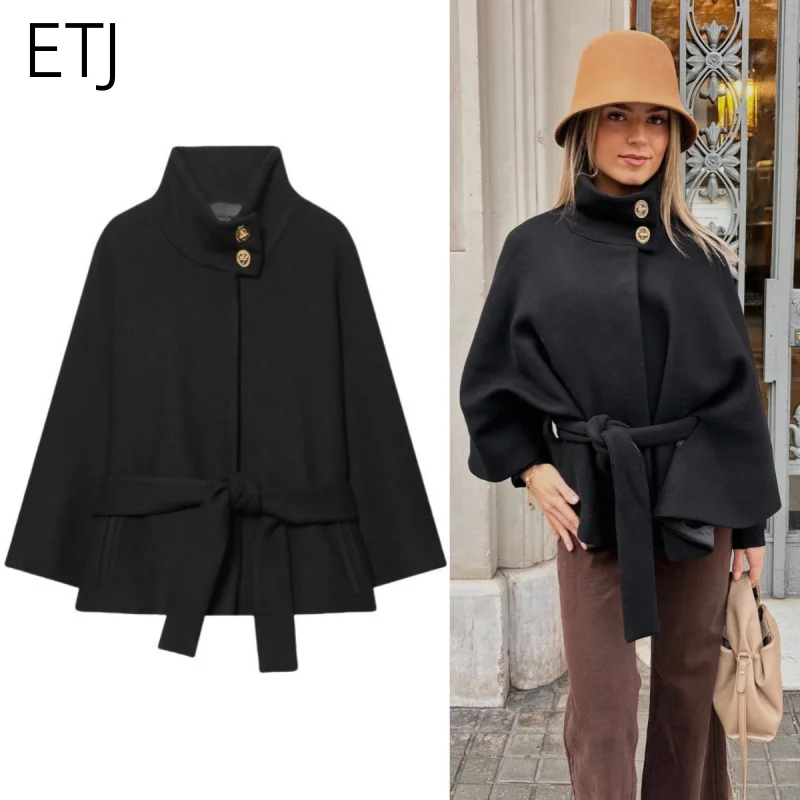 ETJ 2026 women's spring new elegant and stylish loose version of the coat high neck with belt and wide sleeve blend coat