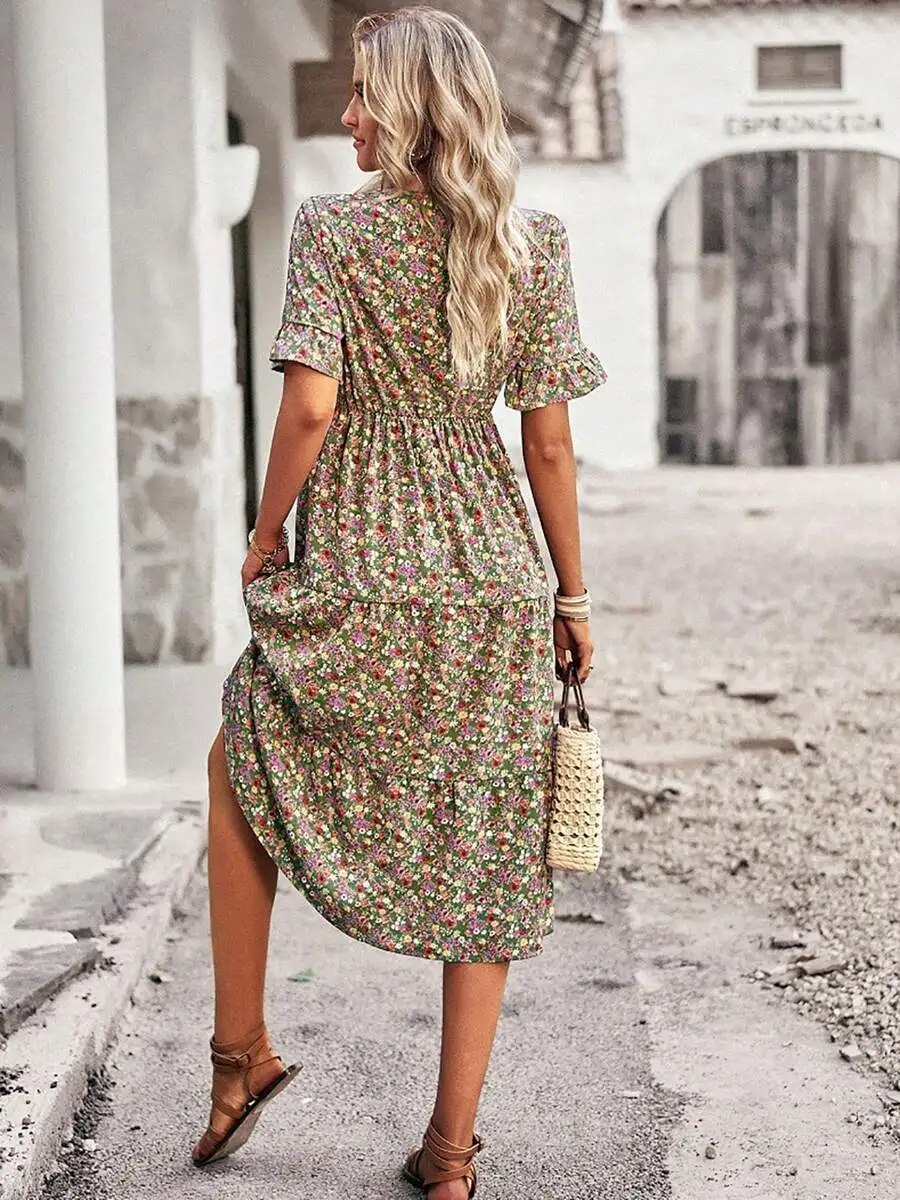 

Floral Midi Dress For Women With V Neck And Short Ruffled Sleeves, Casual Summer Style