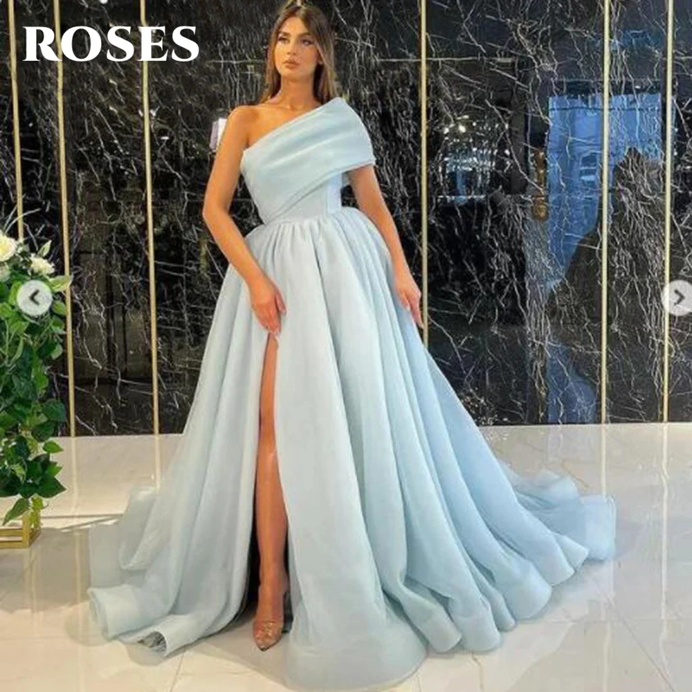 Rozen Hoge Split Prom Dress Tulle فساتين ال Avond Feestjurk Court Trein Prom Jurk Een Schouder Formele Jurk Vestido De Festa