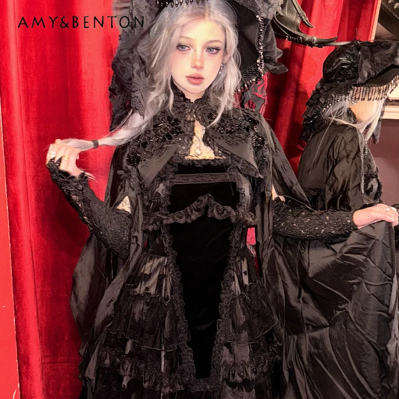 

Gothic Dark Punk Sweet Cool Women's Clothing 2025 Autumn New Design Black Lace High Collar Draped Sleeve Short Jackets Ladies
