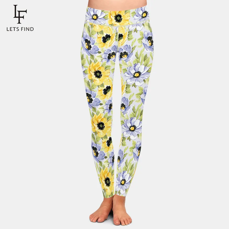 

LETSFIND Beautiful Flowers Pattern 220gsm Double Side Brushed Milk Silk Print Women High Waist Fitness Elastic Legging