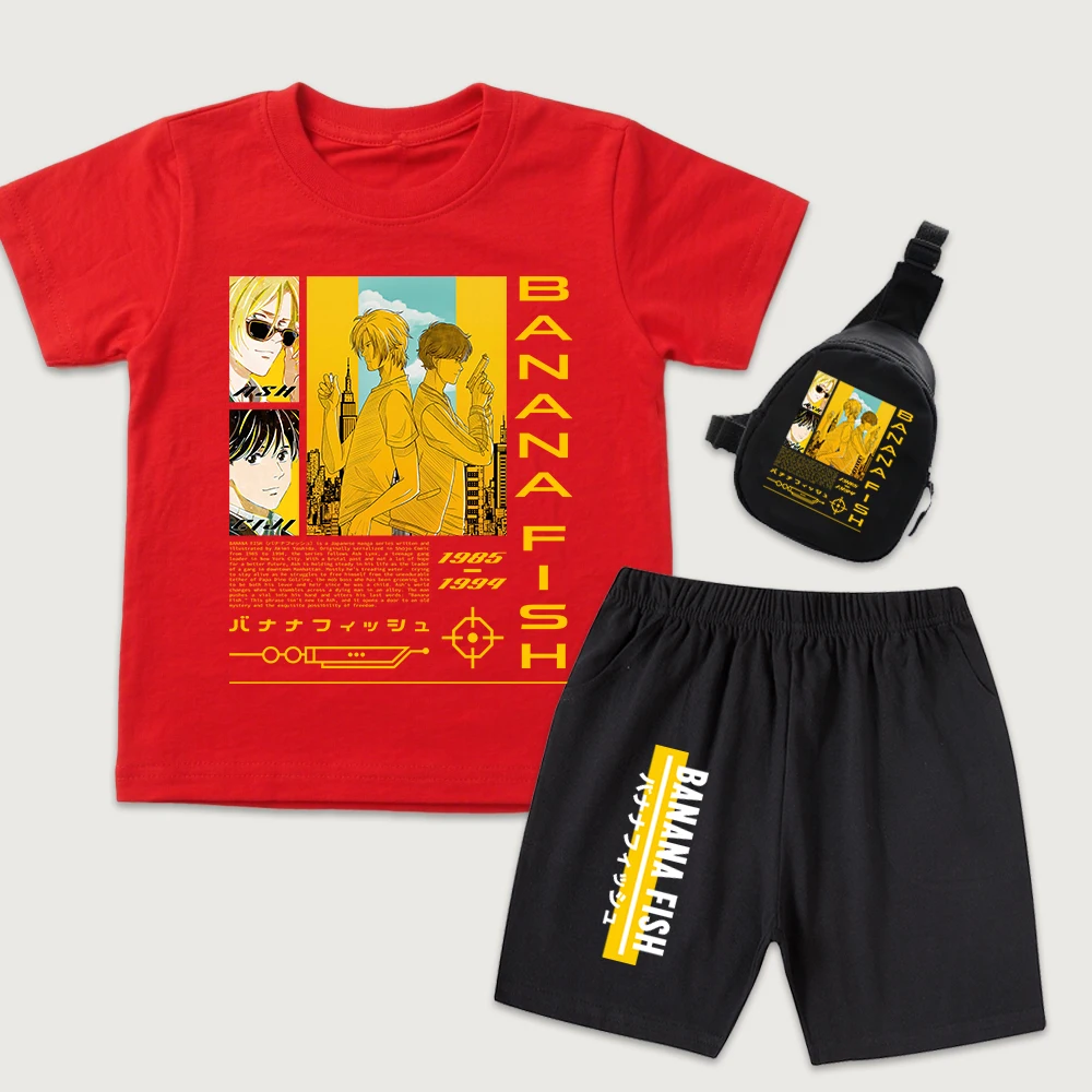 Banana Fish Anime Print Kids Boys Girls Clothing Set Cotton T Shirt Shorts with Mini Chest Bag 3 Piece Set Daily Wear