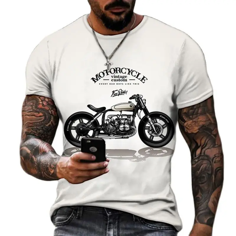 T-shirt oversize manica corta da uomo estate 2023 t-shirt O collo stampata in 3D con stampa moto alla moda