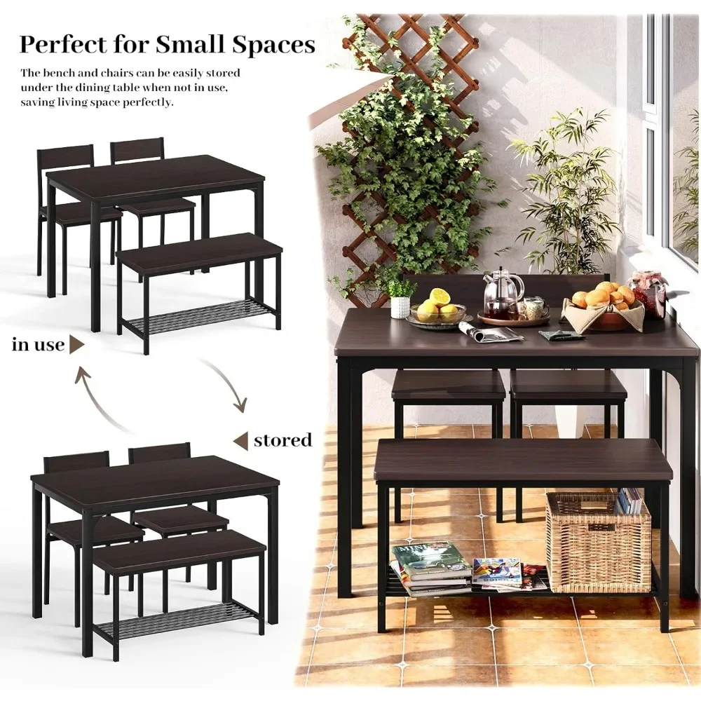 Dining Table Set for 4, Small Kitchen Table and Chairs for Space Saving, 1 Bench with Storage and 2 Chairs with Backrest