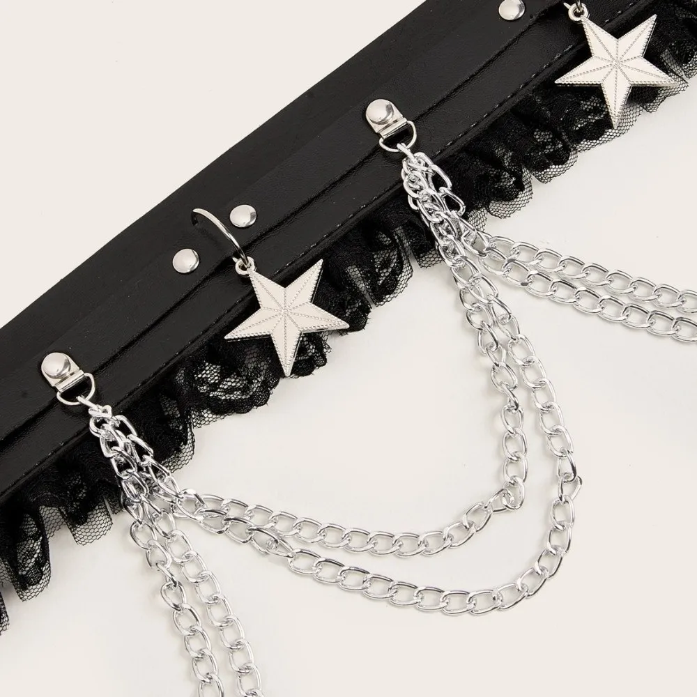 جديد طبقة مزدوجة حزام على شكل سلسلة الدانتيل يصل واحدة الصدر حزام الدانتيل ستار مزين عروة الخصر سلسلة أسلوب فاسق #4