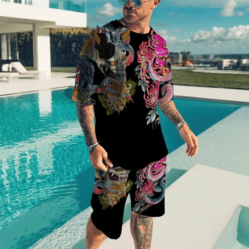 New Men Clothing Summer Men Short Tshirt 2 Piece Set Tracksuitst Male 3D Floral Print Designer Men T-shirt+shorts Pants Suits