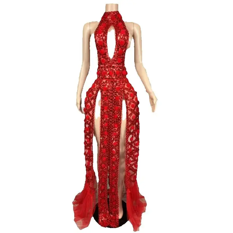Red Seguined Party Dress Women Sexy Cutout Evening Dresses Stage Catwalk Outfit Bar Celebrate Gogo Costume Rave Wear XS9587