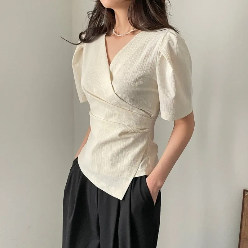 Women V Neck Wrap Blouse Puff Short Sleeve Ruched Waist Irregular Hem Textured Casual Shirt
