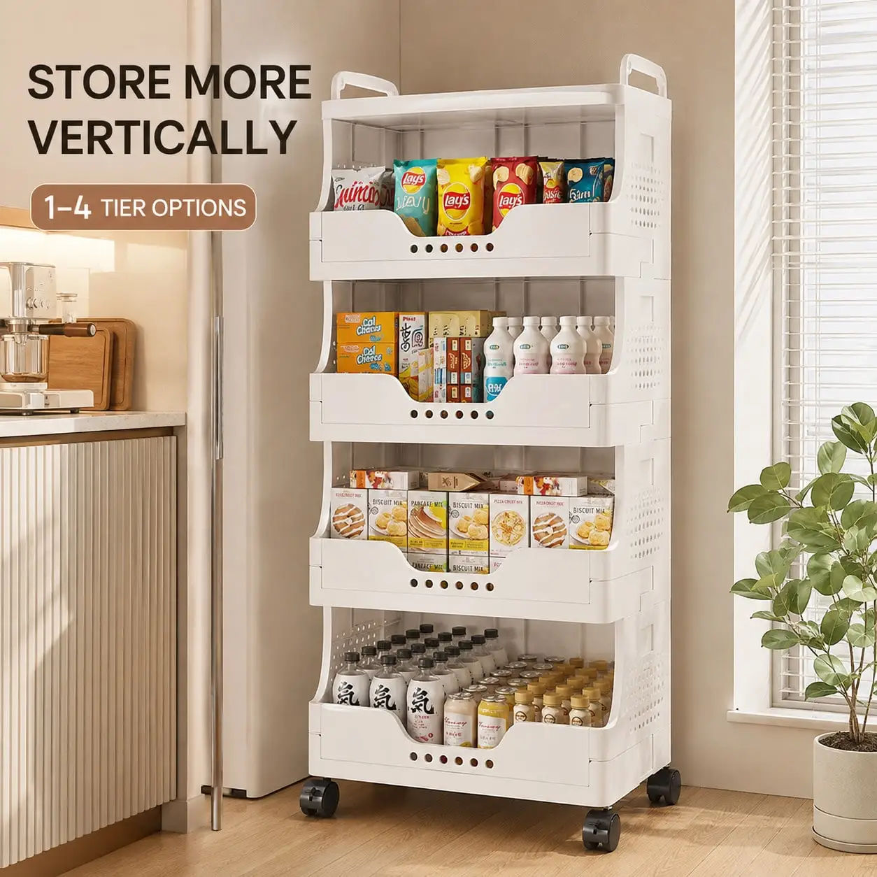 1/2/3/4-Tier Stackable Storage Bins With Wheels, Open Front Plastic Storage Organizer With Top Shelf & Handles, Space-Saving Rolling Storage Rack For Closet, Bedroom, Bathroom, Kitchen, Office & Dorm, White