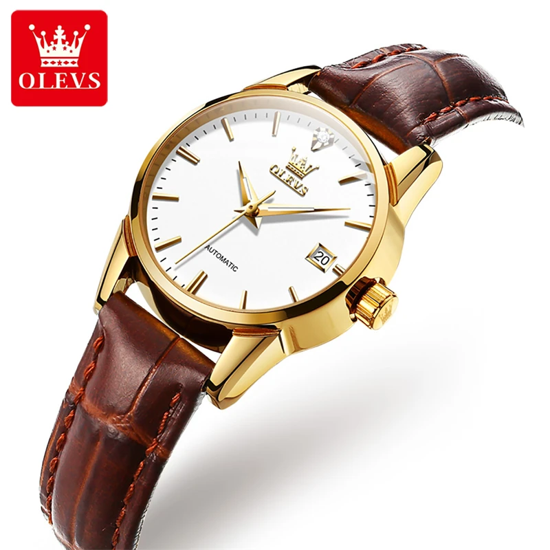 OLEVS Mechanical Watch for Women Fashion Leather Strap Waterproof Calendar Automatic Womens Watches Top Brand Luxury Wristwatch