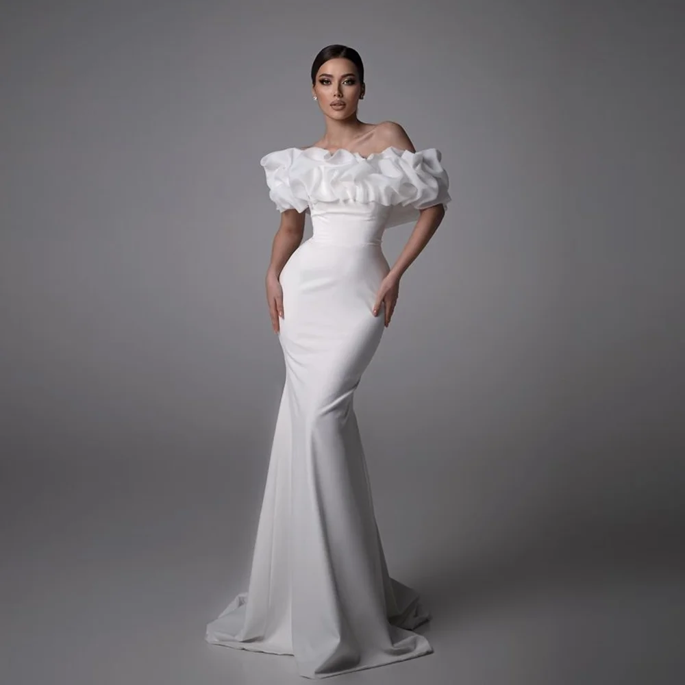 

Modest Boat Collar Satin Sheath Backless and Lace up Wedding Party Dress Ruffles Court Wedding Bridal Gown Customized