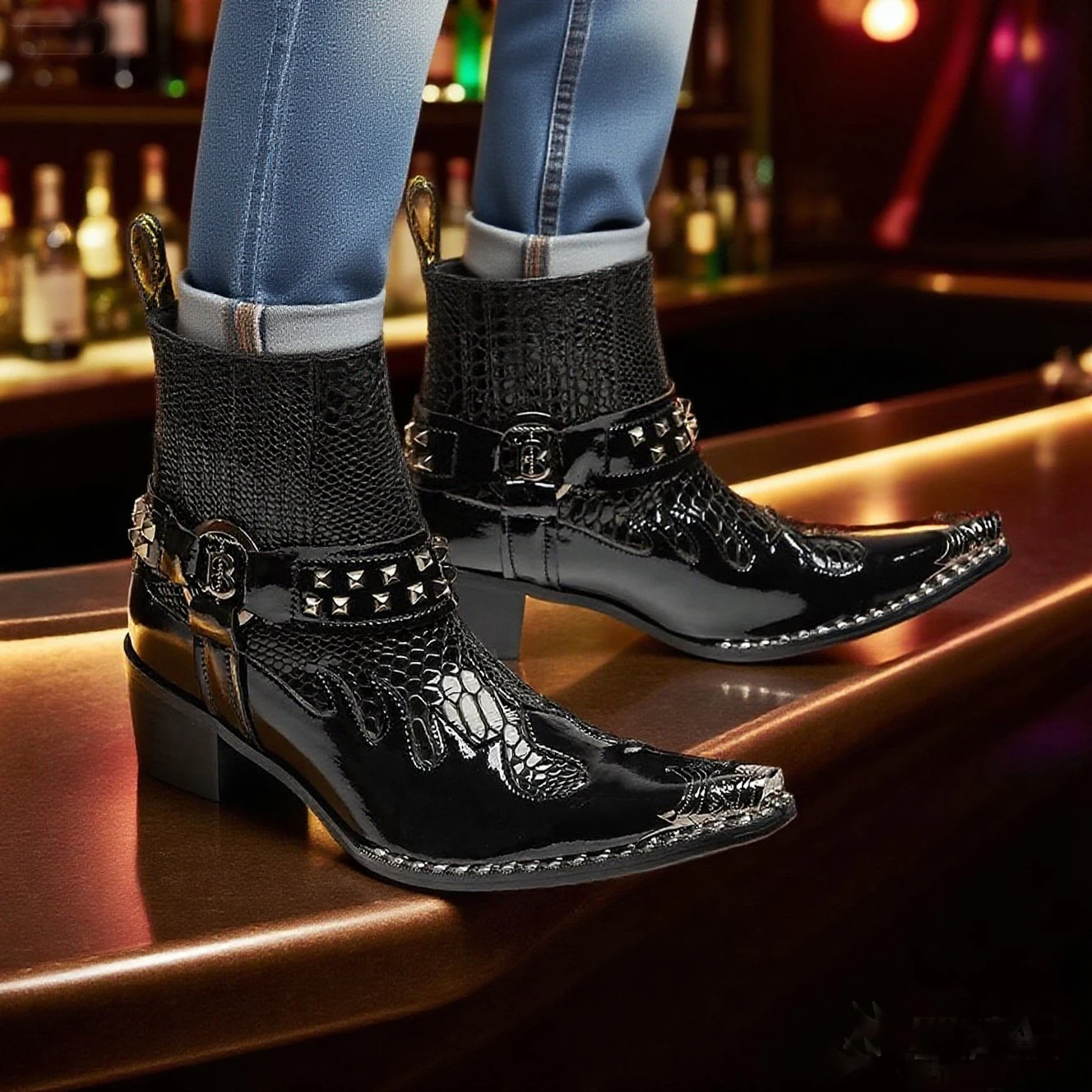 Men's Black Snakeskin Ankle Boots Studded‑Strap Decor Block‑Heel Edgy Fashion Footwear For Bar Stage Streetwear Occasions