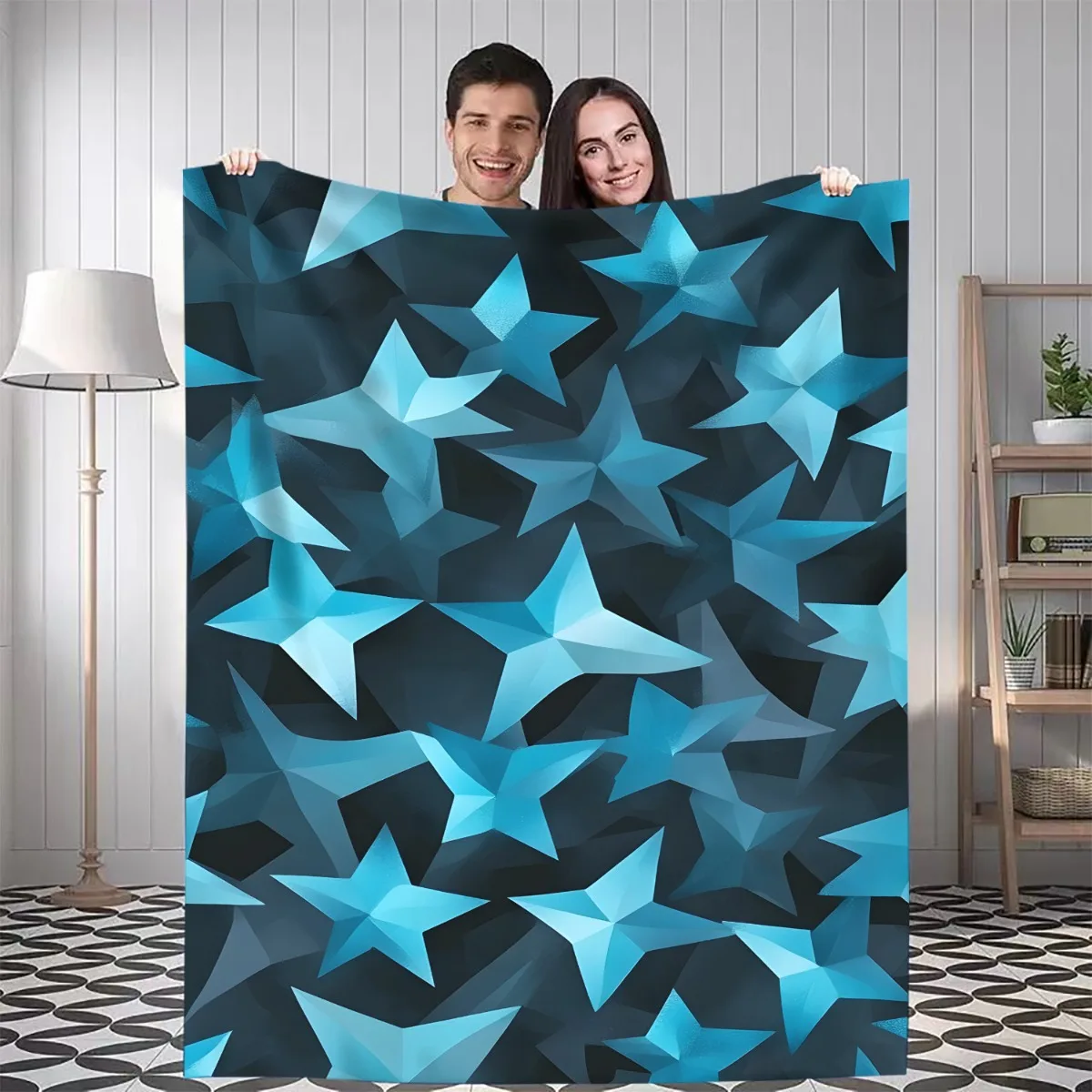 1pc Modern Geometric Throw Blanket - Navy Blue & Dark Background Contrast, Soft Flannel All-Season Lightweight Bedspread/Seat Cu
