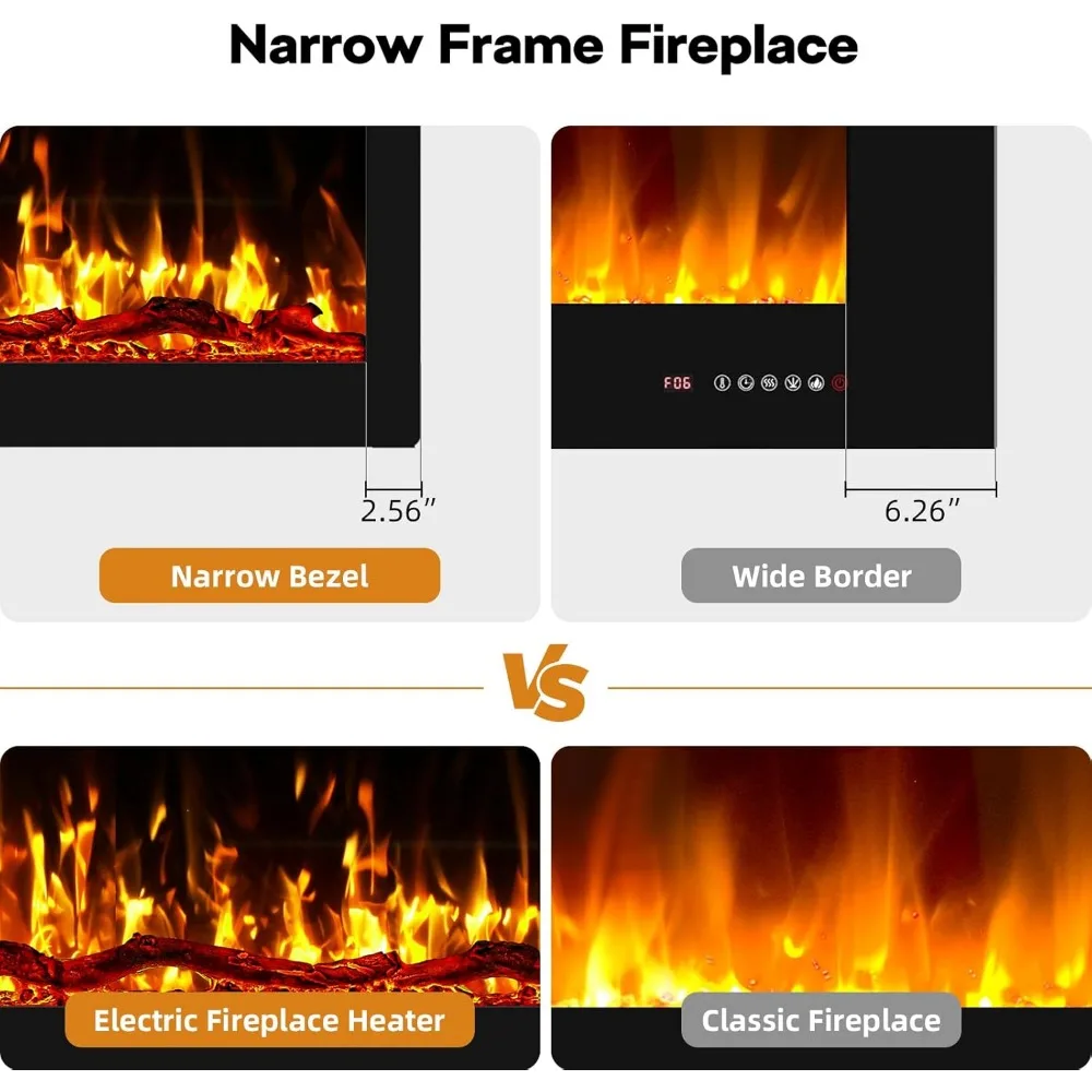 Wide Screen Electric Fireplace with Ultra Narrow Bezel, HD Flame Effect, Modern Wall Mounted Fuel Bed Logs for Contemporary Home