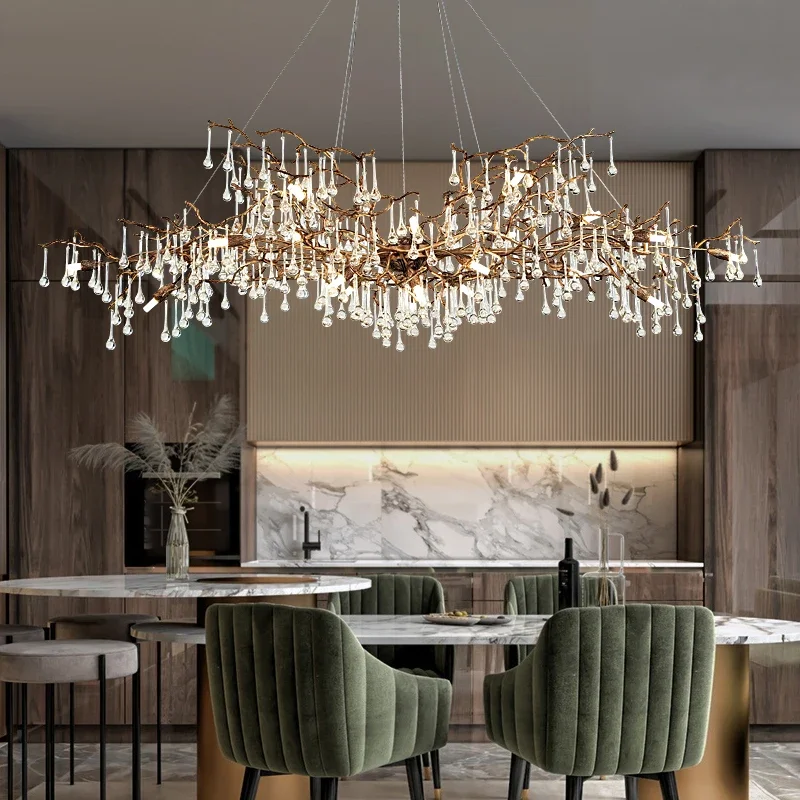 Nordic Luxury Branch Clear glass Crystal Chandeliers, Height adjustable lustre luminaire Suitable for Dining room Customizable