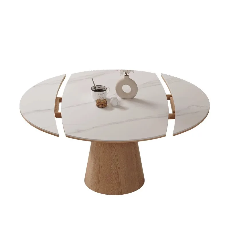 

Modern, minimalist, cream, wind solid wood, rock slab round, retractable dining table