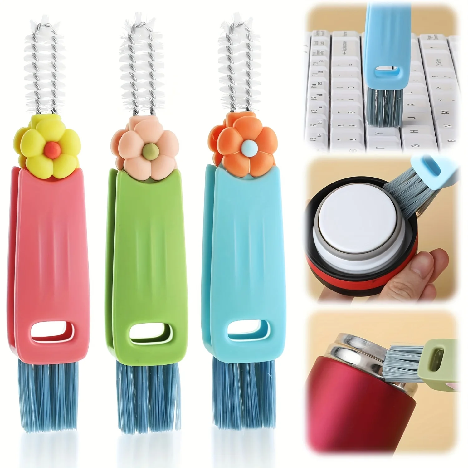 3-Piece Portable Water Bottle Cleaning Kit - Multifunctional Crevice Brushes - No Power Needed - Perfect for Cup Lids, Straws & 