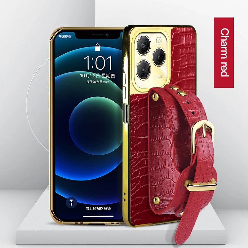 

With Wristband Wrist Strap Crocodile PU Leather Soft Phone Case For Infinix HOT 40 Pro 50i Anti-Drop Stand Cover Silicone Cases