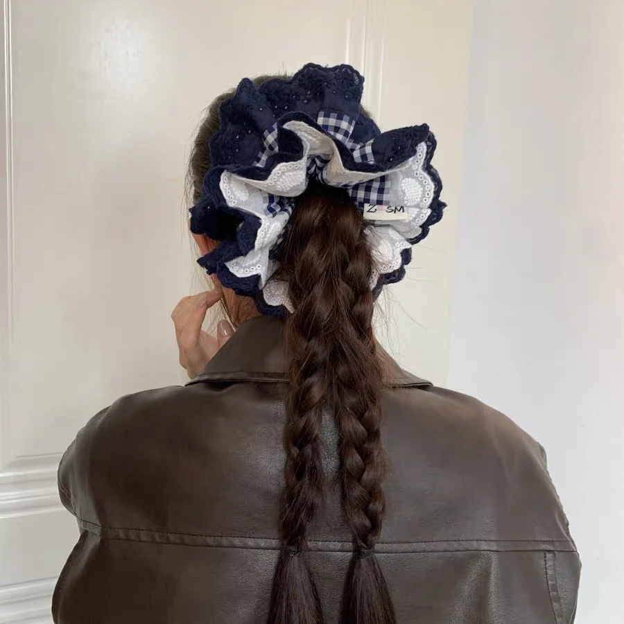

1PC Large Navy Blue Plaid Hair Scrunchie With Lace Trim, Chic Ruffled Hair Tie, Stylish Hair Accessory For Women