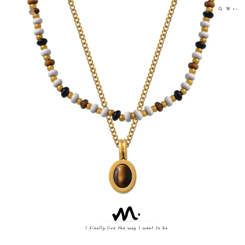 

Maillard Wind natural stone beaded design sense necklace Tiger Eye stone pendant double layered wind titanium steel clavicle