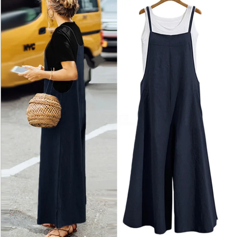 Casual Loose Jumpsuit Women Summer Solid Cotton Linen Straps Wide Leg Pants Dungaree Bib Overalls Sleeveless Oversized Jumpsuits