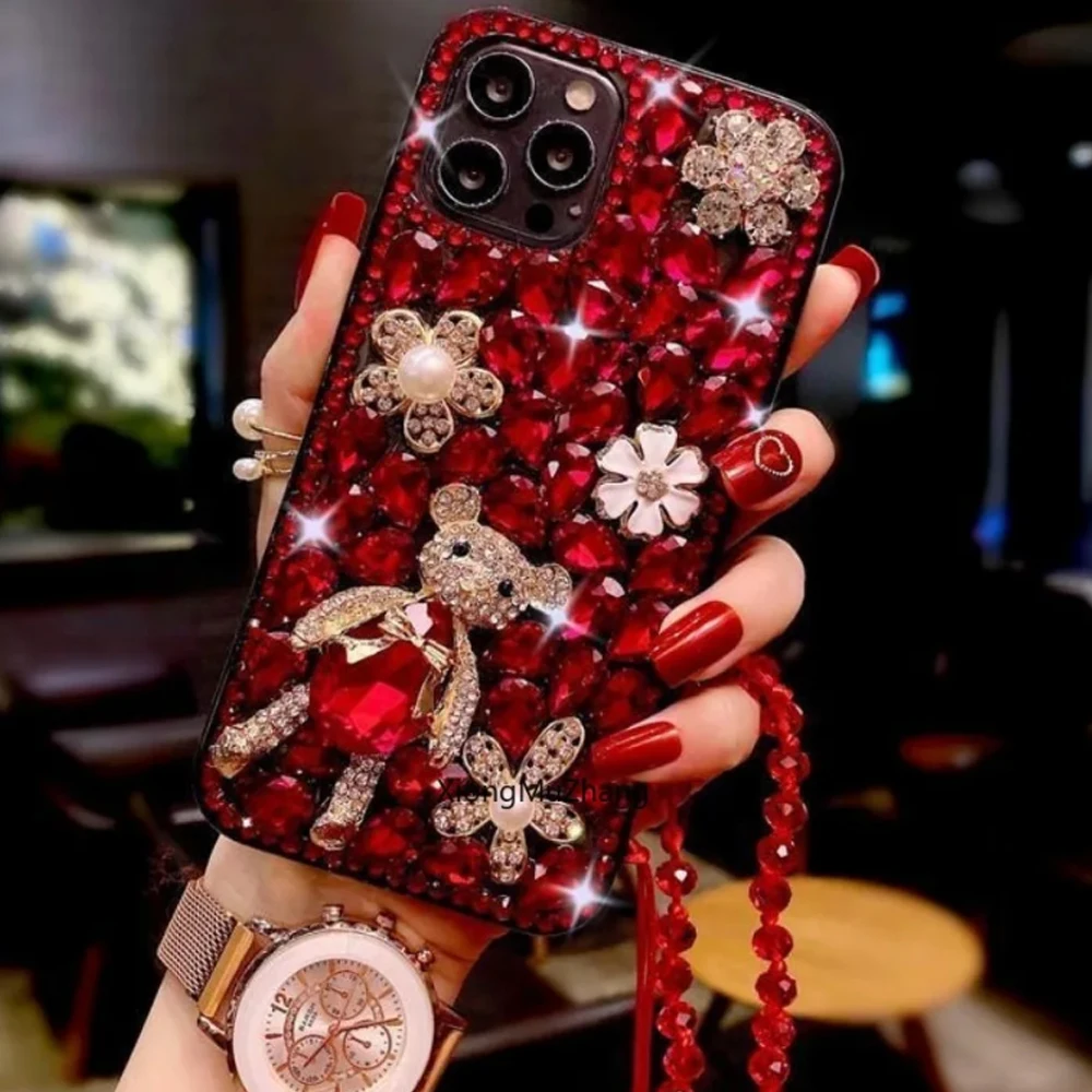 

Bling Jewelled Bear Flower Custom Diamond Case for IPhone 16 15 Pro Max 14 13 12 11 Pro Max Mini XSMax 7 8 Plus Rhinestone Cover