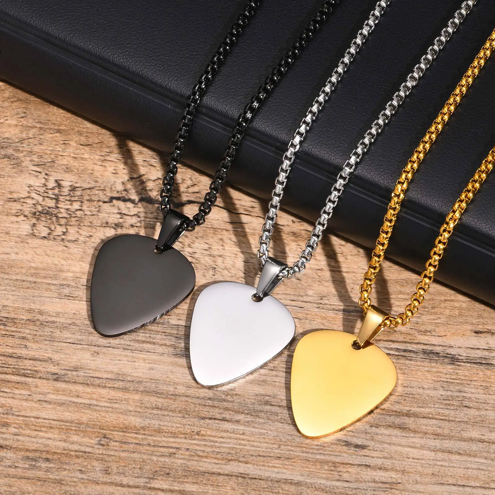 Trendy Guitar/Guitar Pick Necklace for Men Women, Stainless Steel Necklace in Silver/Gold/Black Tone, for Music Lover,