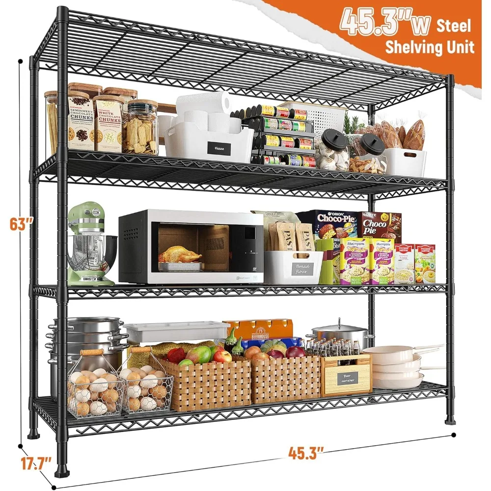 4-Tier Wire Metal Storage Shelves - 45.3 Wide Rack for Pantry, Kitchen, and Garage Organization