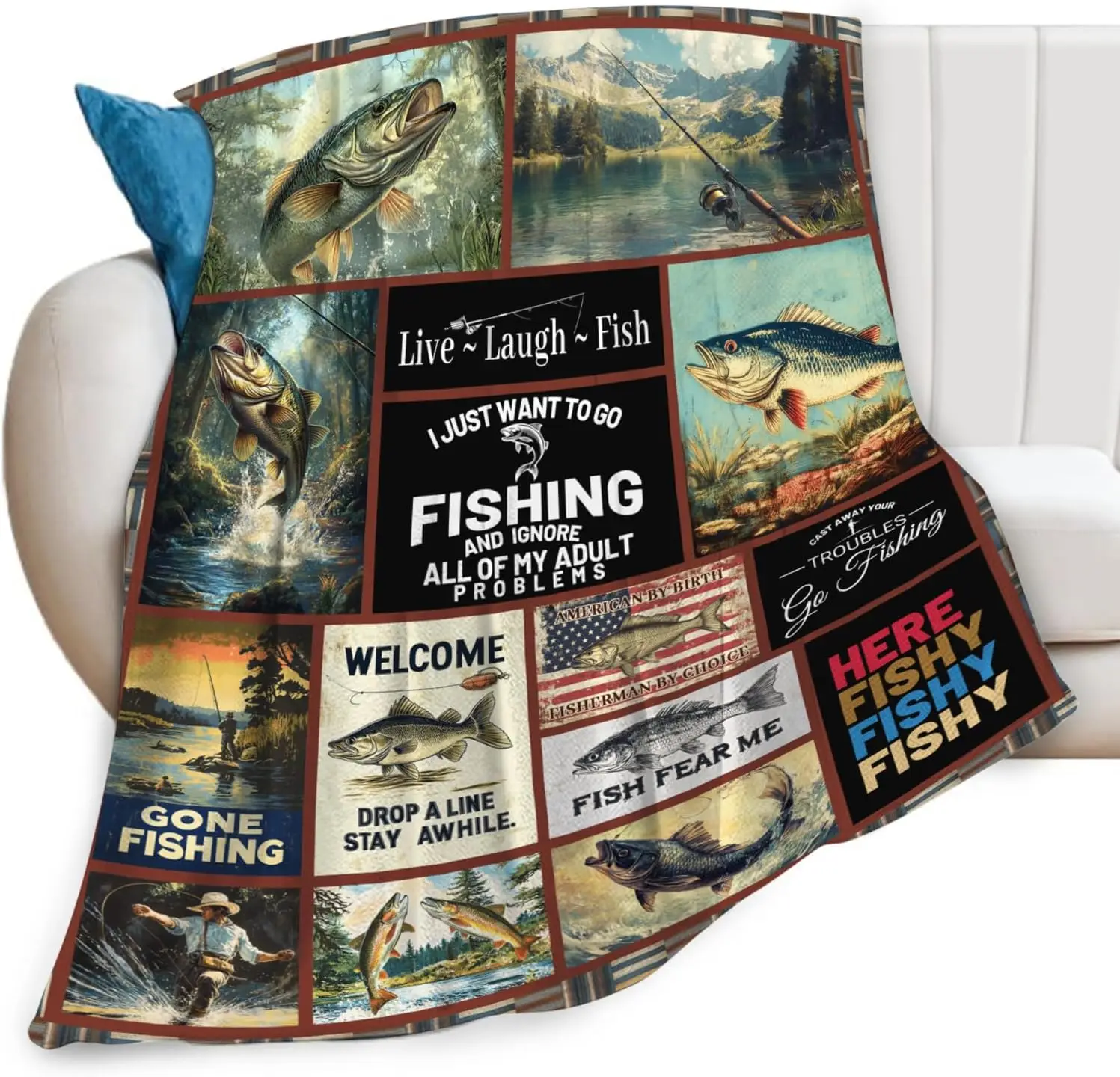 Rustic Fishing Theme Blanket Throw for Anglers Gifts Home Decor Rustic Cabin Man Cave Couch Decor Idea Perfect for Fisherman