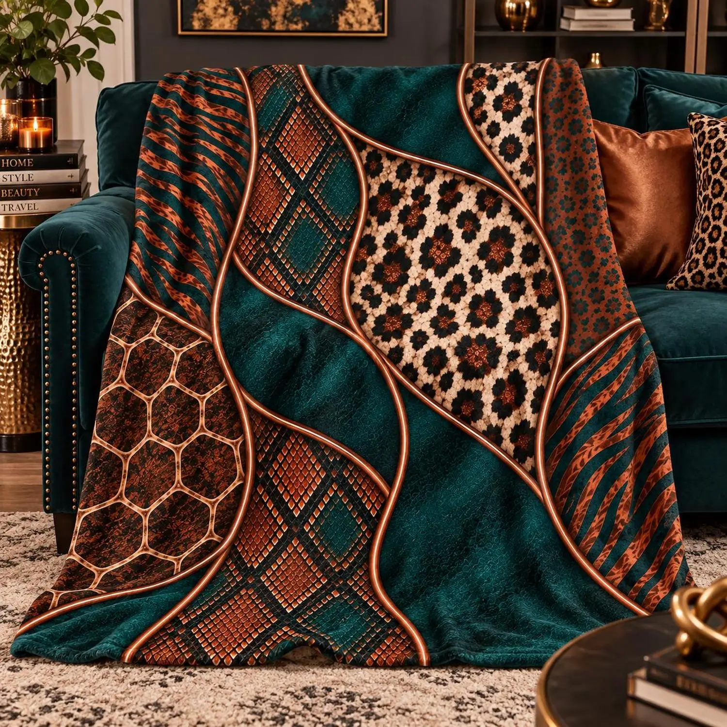 [Flannel Blanket] Animal Print Blanket, Blue-Green Leopard and Zebra Print Blanket, Maximalist Home Decor, Copper-Colored Hunting Blanket, Luxury Blanket